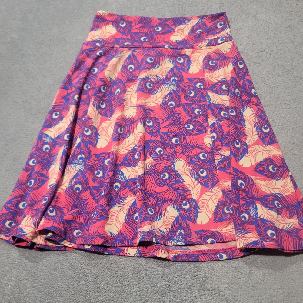 LuLaRoe Skirt Girl Size 4 Pink Purple Peacock Feather Azure Skater Flare Stretch